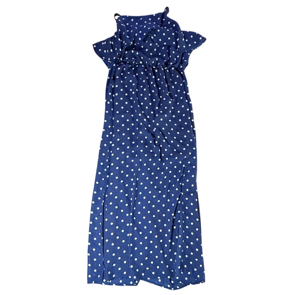Z Avenue‎ USA Navy Blue White Polka Dot Maxi Dress XL Side Slit